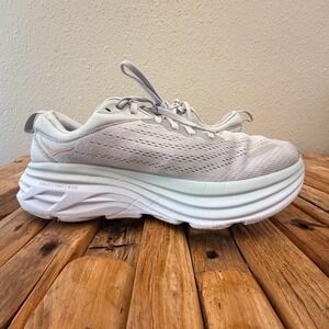 Hoka Bondi 8 Womens Running Shoes Grey White Rose Gold Sneakers 1127896